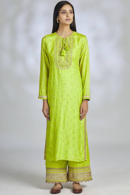 Buy Gopi Vaid Green Chiffon, Tussar Silk, Linen Satin Round Embroidered Kurta Set Online at Aza Fashions Buy_Gopi Vaid_Green Chiffon, Tussar Silk, Linen Satin Round Embroidered Kurta Set_Online_at_Aza_Fashions