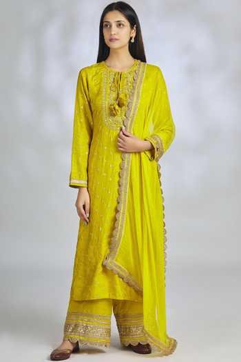 Gopi Vaid_Yellow Chiffon, Tussar Silk, Linen Satin Round Embroidered Kurta Set_Online_at_Aza_Fashions