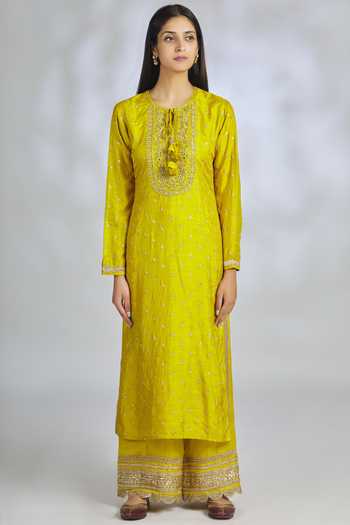 Buy_Gopi Vaid_Yellow Chiffon, Tussar Silk, Linen Satin Round Embroidered Kurta Set_Online_at_Aza_Fashions