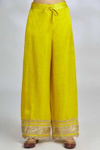Shop_Gopi Vaid_Yellow Chiffon, Tussar Silk, Linen Satin Round Embroidered Kurta Set_Online_at_Aza_Fashions