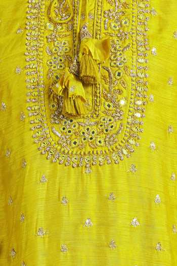 Gopi Vaid_Yellow Chiffon, Tussar Silk, Linen Satin Round Embroidered Kurta Set_at_Aza_Fashions