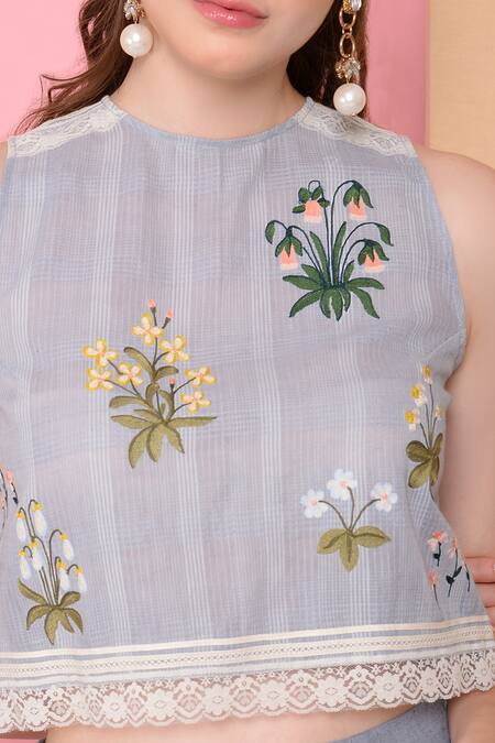 Buy_Sahil Kochhar_Blue Cotton Round Printed Crop Top_Online_at_Aza_Fashions