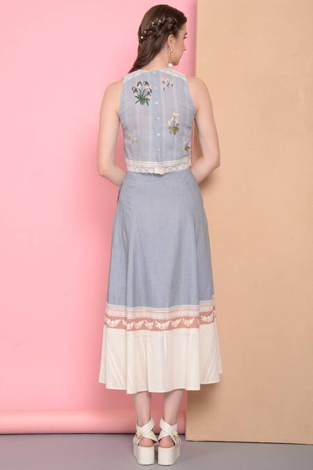 Shop_Sahil Kochhar_Blue Viscose Linen Embroidered Midi Skirt _at_Aza_Fashions