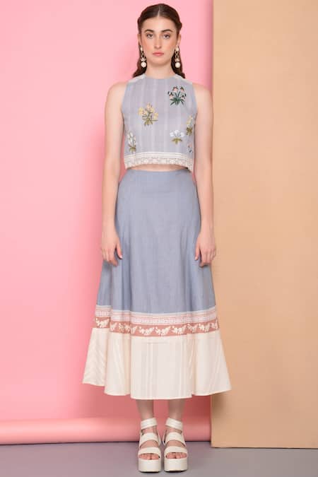 Sahil Kochhar_Blue Viscose Linen Embroidered Midi Skirt _Online_at_Aza_Fashions