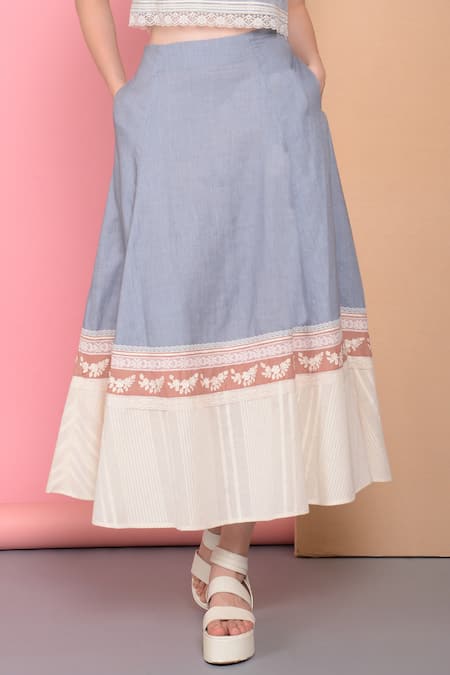 Buy_Sahil Kochhar_Blue Viscose Linen Embroidered Midi Skirt _Online_at_Aza_Fashions