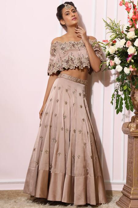 Nitika Kanodia Gupta_Brown Satin Crepe Embroidered Lehenga Set_Online_at_Aza_Fashions