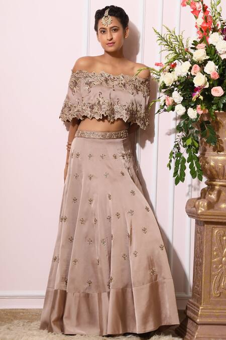 Buy_Nitika Kanodia Gupta_Brown Satin Crepe Embroidered Lehenga Set_Online_at_Aza_Fashions