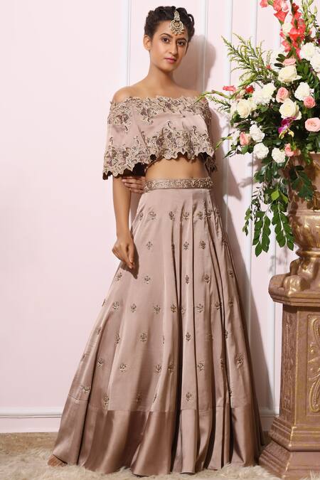 Shop_Nitika Kanodia Gupta_Brown Satin Crepe Embroidered Lehenga Set_Online_at_Aza_Fashions