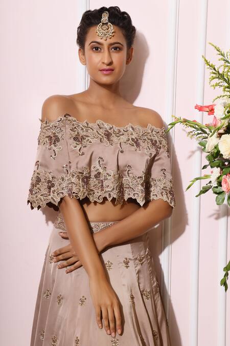 Nitika Kanodia Gupta_Brown Satin Crepe Embroidered Lehenga Set_at_Aza_Fashions