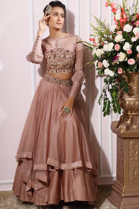 Nitika Kanodia Gupta_Pink Organza, Satin Blouse Round Embroidered Lehenga Set_Online_at_Aza_Fashions