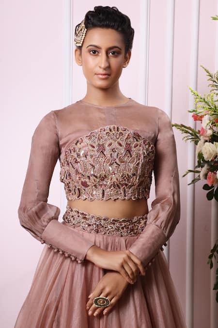 Buy_Nitika Kanodia Gupta_Pink Organza, Satin Blouse Round Embroidered Lehenga Set_Online_at_Aza_Fashions