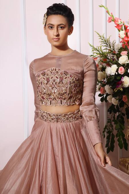Shop_Nitika Kanodia Gupta_Pink Organza, Satin Blouse Round Embroidered Lehenga Set_Online_at_Aza_Fashions