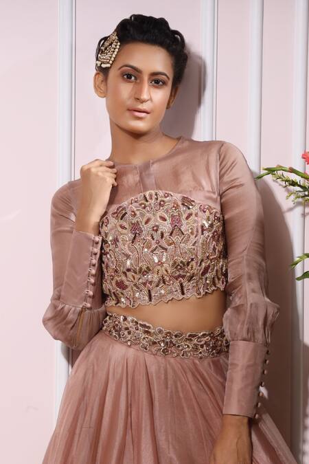 Nitika Kanodia Gupta_Pink Organza, Satin Blouse Round Embroidered Lehenga Set_at_Aza_Fashions