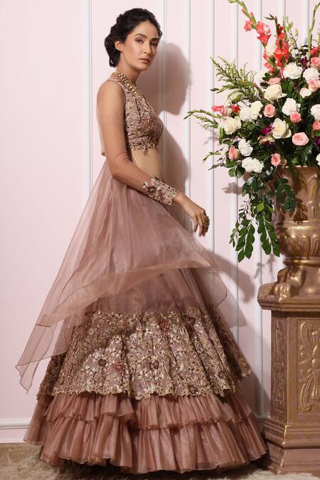 Nitika Kanodia Gupta_Pink Organza, Crepe Sweetheart Neck Embroidered Lehenga Set_Online_at_Aza_Fashions