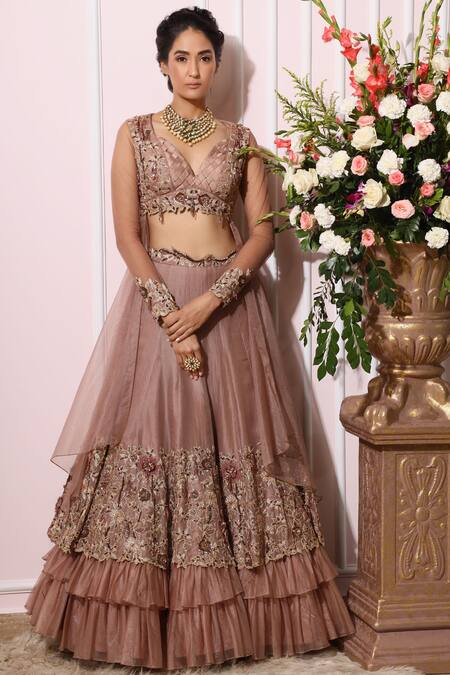 Buy_Nitika Kanodia Gupta_Pink Organza, Crepe Sweetheart Neck Embroidered Lehenga Set_Online_at_Aza_Fashions