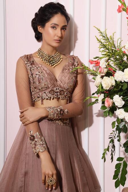Shop_Nitika Kanodia Gupta_Pink Organza, Crepe Sweetheart Neck Embroidered Lehenga Set_Online_at_Aza_Fashions