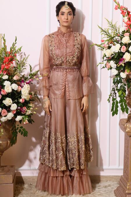 Nitika Kanodia Gupta_Pink Organza, Crepe High Neck Embroidered Pant Set_Online_at_Aza_Fashions