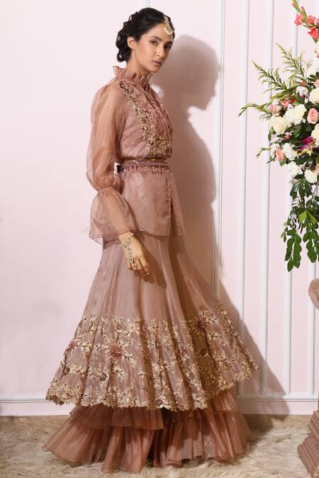 Buy_Nitika Kanodia Gupta_Pink Organza, Crepe High Neck Embroidered Pant Set_Online_at_Aza_Fashions