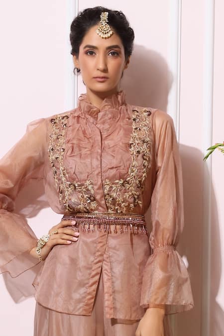 Shop_Nitika Kanodia Gupta_Pink Organza, Crepe High Neck Embroidered Pant Set_Online_at_Aza_Fashions