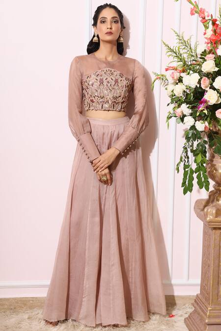 Nitika Kanodia Gupta_Pink Organza, Crepe Blouse Round Embroidered Pant Set_Online_at_Aza_Fashions