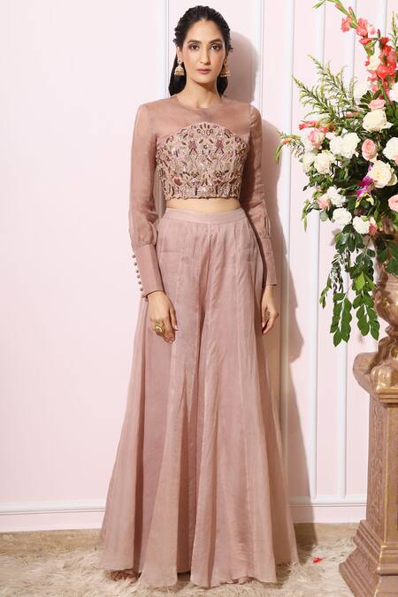Buy_Nitika Kanodia Gupta_Pink Organza, Crepe Blouse Round Embroidered Pant Set_Online_at_Aza_Fashions