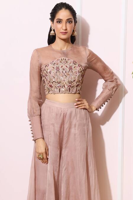 Shop_Nitika Kanodia Gupta_Pink Organza, Crepe Blouse Round Embroidered Pant Set_Online_at_Aza_Fashions