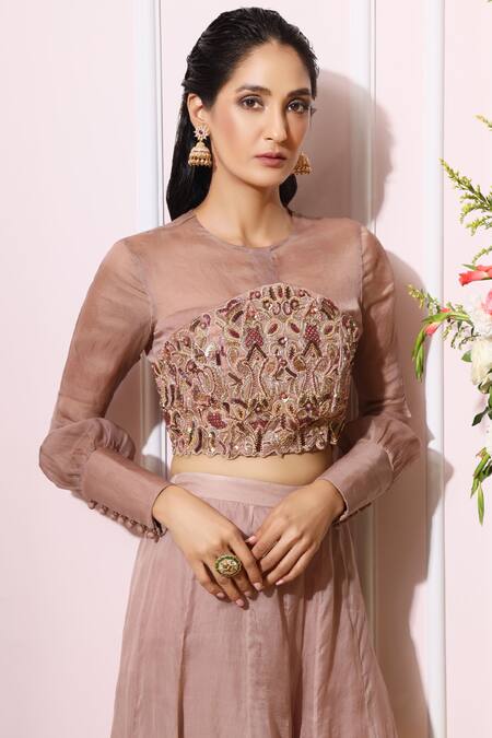 Nitika Kanodia Gupta_Pink Organza, Crepe Blouse Round Embroidered Pant Set_at_Aza_Fashions