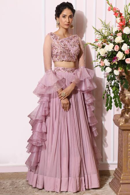Nitika Kanodia Gupta_Purple Organza, Crepe, Georgette Asymmetric Embroidered Lehenga Set_Online_at_Aza_Fashions