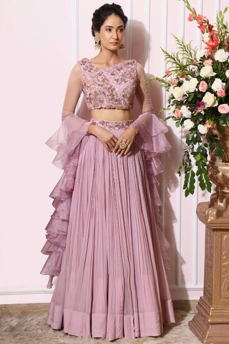 Buy_Nitika Kanodia Gupta_Purple Organza, Crepe, Georgette Asymmetric Embroidered Lehenga Set_Online_at_Aza_Fashions