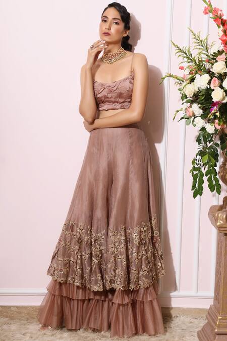 Shop Nitika Kanodia Gupta Pink Organza, Crepe, Georgette Round Embellished Sharara Set Online at Aza Fashions Shop_Nitika Kanodia Gupta_Pink Organza, Crepe, Georgette Round Embellished Sharara Set_Online_at_Aza_Fashions