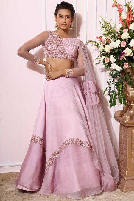 Nitika Kanodia Gupta_Purple Organza, Net, Crepe Asymmetric Embellished Lehenga Set_Online_at_Aza_Fashions