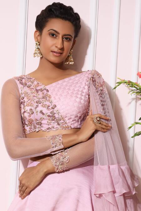 Nitika Kanodia Gupta_Purple Organza, Net, Crepe Asymmetric Embellished Lehenga Set_at_Aza_Fashions