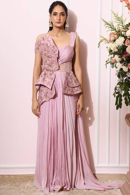 Buy_Nitika Kanodia Gupta_Purple Satin Crepe Sweeheart Embroidered Pre-draped Saree Gown_Online_at_Aza_Fashions