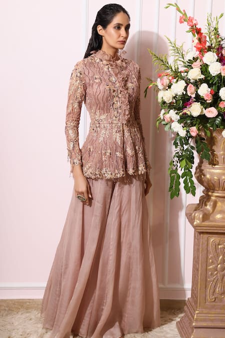 Nitika Kanodia Gupta_Pink Net Organza Ruffle Collar Embroidered Pant Set_Online_at_Aza_Fashions