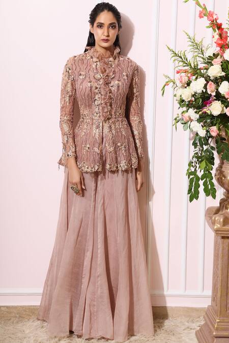 Buy_Nitika Kanodia Gupta_Pink Net Organza Ruffle Collar Embroidered Pant Set_Online_at_Aza_Fashions
