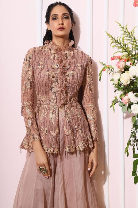 Shop_Nitika Kanodia Gupta_Pink Net Organza Ruffle Collar Embroidered Pant Set_Online_at_Aza_Fashions