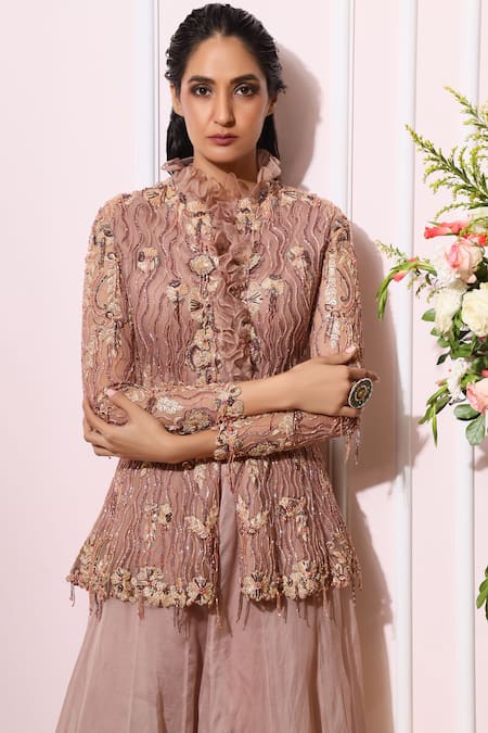 Nitika Kanodia Gupta_Pink Net Organza Ruffle Collar Embroidered Pant Set_at_Aza_Fashions