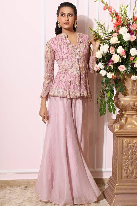 Nitika Kanodia Gupta_Purple Net Organza V Neck Embroidered Pant Set_Online_at_Aza_Fashions