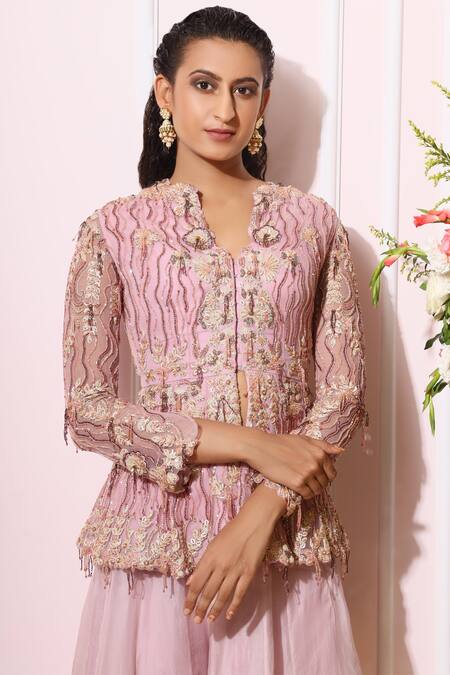 Buy_Nitika Kanodia Gupta_Purple Net Organza V Neck Embroidered Pant Set_Online_at_Aza_Fashions