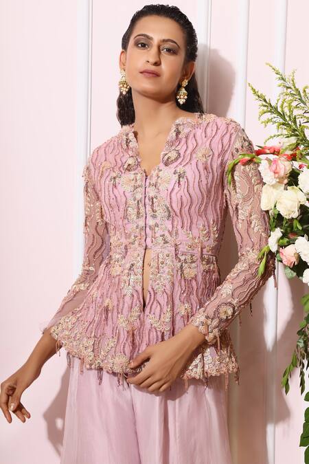 Shop_Nitika Kanodia Gupta_Purple Net Organza V Neck Embroidered Pant Set_Online_at_Aza_Fashions