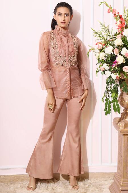 Shop Nitika Kanodia Gupta Pink Organza Crepe Ruffle Collar Embroidered Pant Set at Aza Fashions Shop_Nitika Kanodia Gupta_Pink Organza Crepe Ruffle Collar Embroidered Pant Set_at_Aza_Fashions
