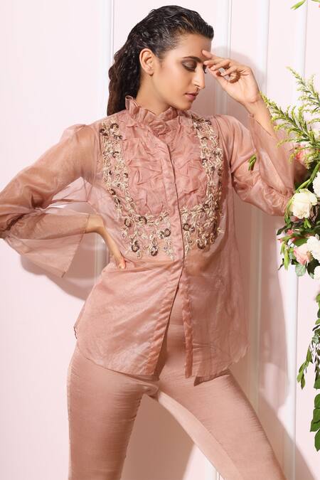 Nitika Kanodia Gupta Pink Organza Crepe Ruffle Collar Embroidered Pant Set Online at Aza Fashions Nitika Kanodia Gupta_Pink Organza Crepe Ruffle Collar Embroidered Pant Set_Online_at_Aza_Fashions