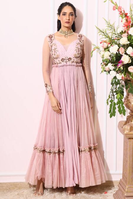 Shop_Nitika Kanodia Gupta_Purple Organza, Crepe Leaf Neck Embroidered Anarkali Jumpsuit_at_Aza_Fashions