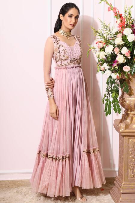 Buy_Nitika Kanodia Gupta_Purple Organza, Crepe Leaf Neck Embroidered Anarkali Jumpsuit_Online_at_Aza_Fashions