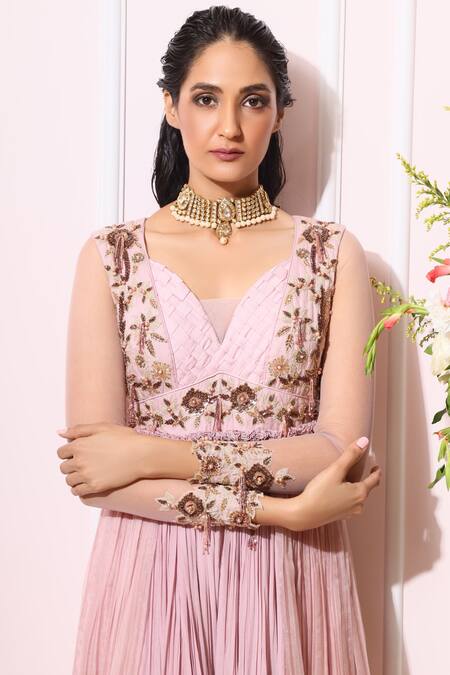 Shop_Nitika Kanodia Gupta_Purple Organza, Crepe Leaf Neck Embroidered Anarkali Jumpsuit_Online_at_Aza_Fashions