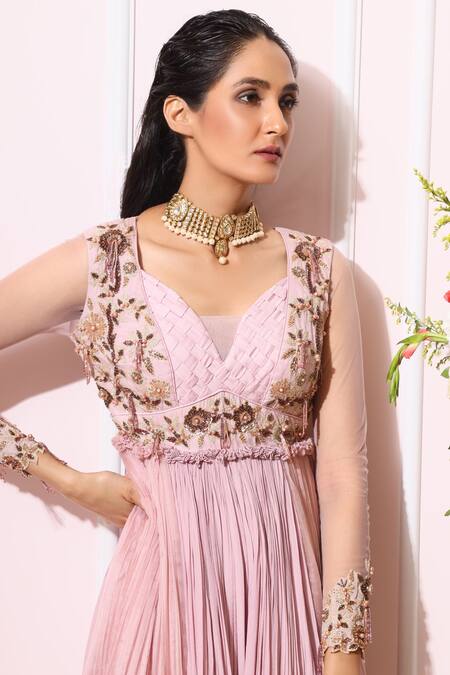 Nitika Kanodia Gupta_Purple Organza, Crepe Leaf Neck Embroidered Anarkali Jumpsuit_at_Aza_Fashions