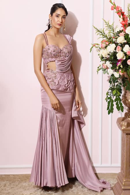 Nitika Kanodia Gupta_Purple Satin Crepe Sweetheart Neck Pre-draped Saree Gown_Online_at_Aza_Fashions