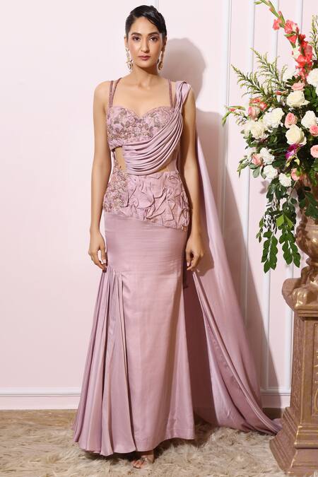 Shop_Nitika Kanodia Gupta_Purple Satin Crepe Sweetheart Neck Pre-draped Saree Gown_Online_at_Aza_Fashions