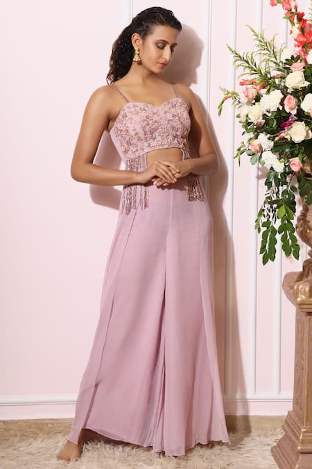 Nitika Kanodia Gupta_Purple Georgette Sweetheart Neck Embroidered Tunic Palazzo Set_Online_at_Aza_Fashions