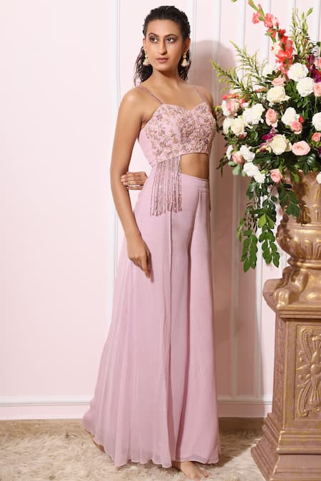 Buy_Nitika Kanodia Gupta_Purple Georgette Sweetheart Neck Embroidered Tunic Palazzo Set_Online_at_Aza_Fashions